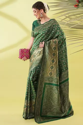 Green pure silk woven zari work saree with blouse