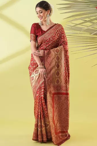 Maroon pure silk woven zari work saree with blouse