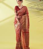 Maroon pure silk woven zari work saree with blouse