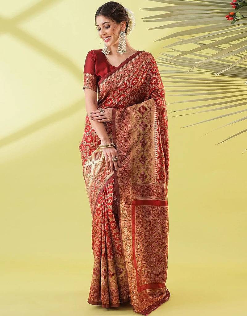 Maroon pure silk woven zari work saree with blouse