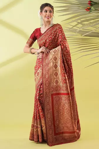 Maroon pure silk woven zari work saree with blouse
