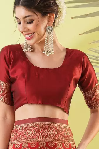 Maroon pure silk woven zari work saree with blouse