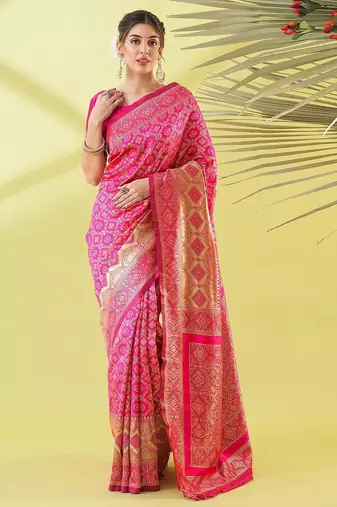 Pink pure silk woven zari work saree with blouse