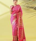 Pink pure silk woven zari work saree with blouse