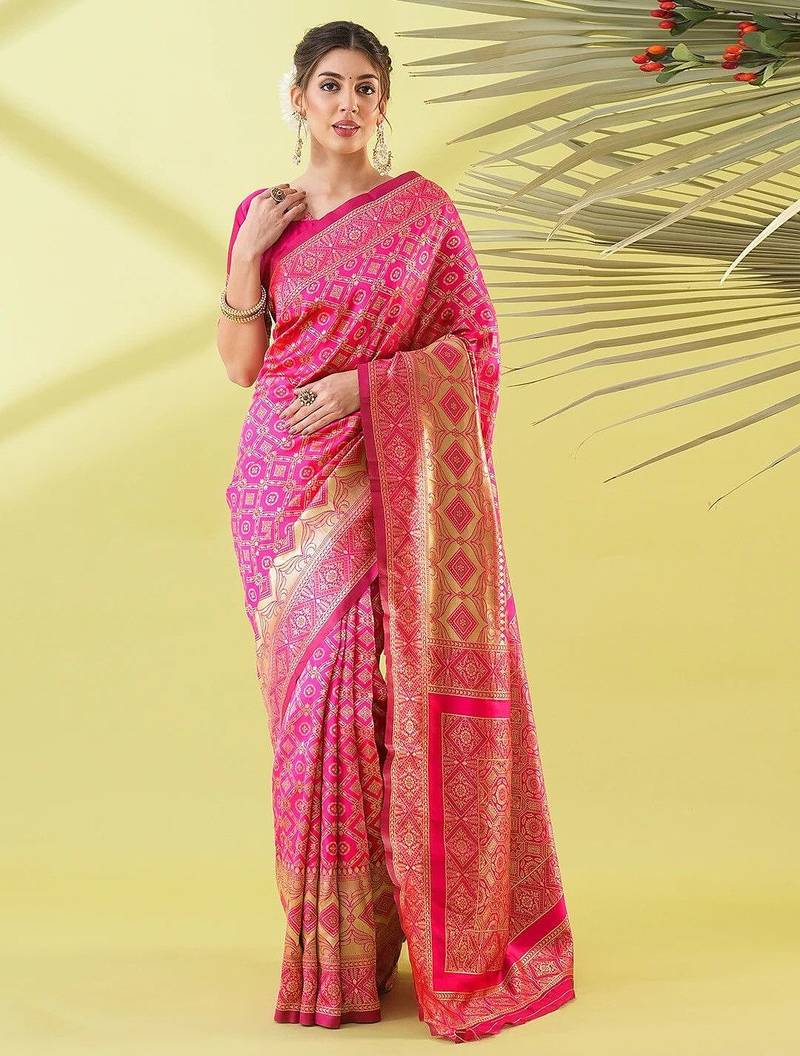 Pink pure silk woven zari work saree with blouse