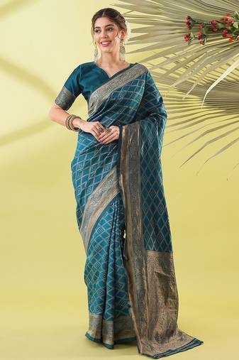 Light blue pure silk woven zari work saree with blouse