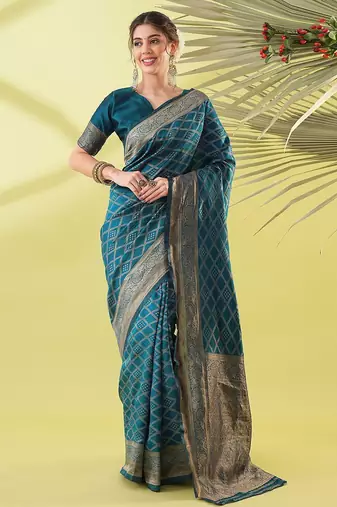 Light blue pure silk woven zari work saree with blouse