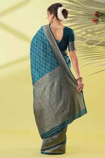 Light blue pure silk woven zari work saree with blouse