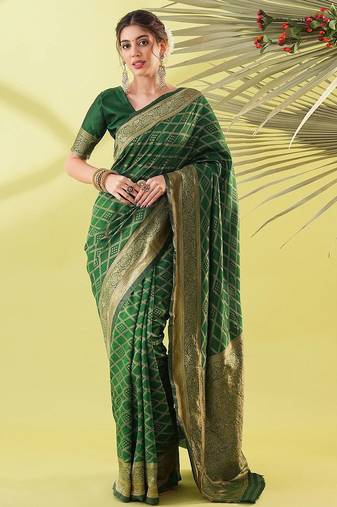 Green pure silk woven zari work saree with blouse