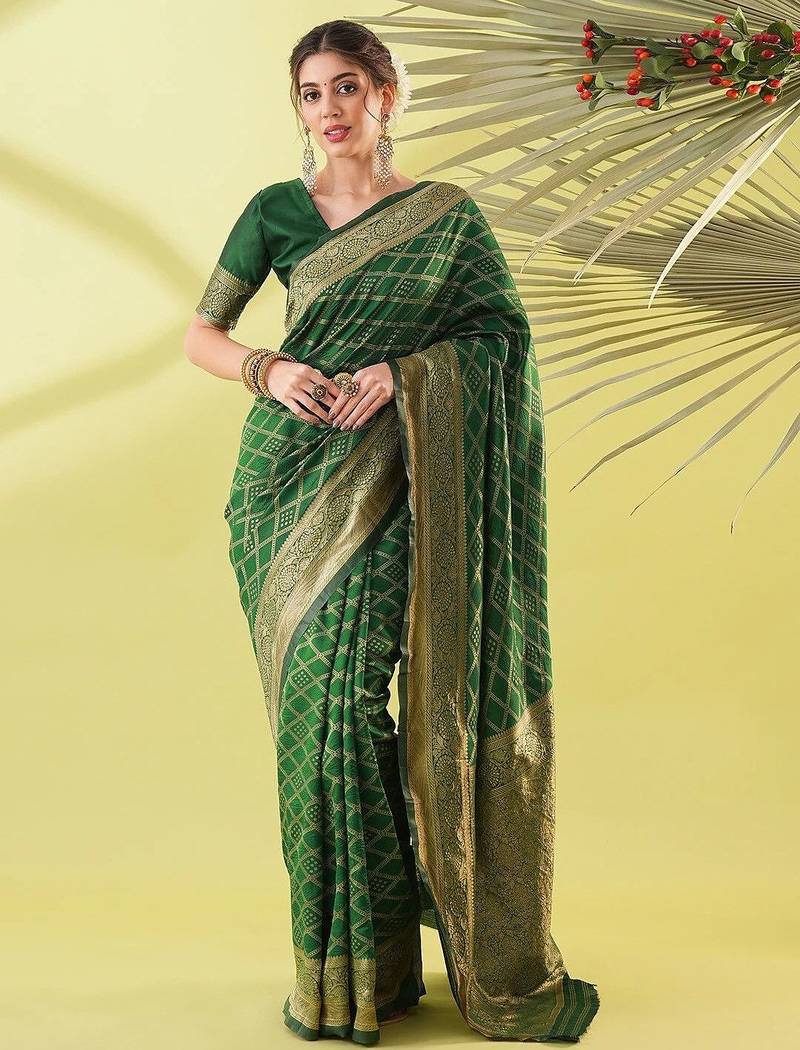 Green pure silk woven zari work saree with blouse