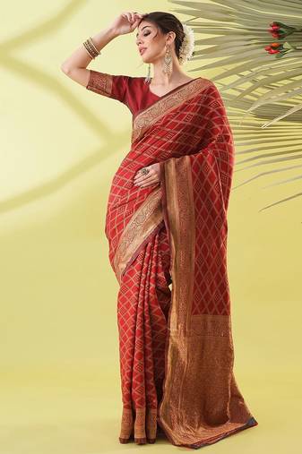 Maroon pure silk woven zari work saree with blouse