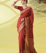 Maroon pure silk woven zari work saree with blouse