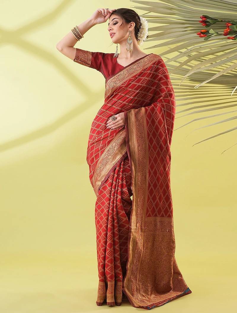 Maroon pure silk woven zari work saree with blouse