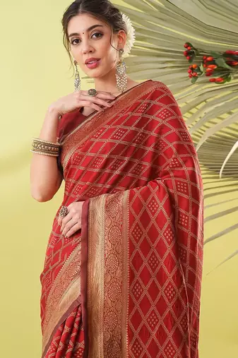 Maroon pure silk woven zari work saree with blouse