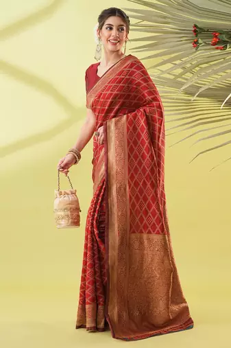 Maroon pure silk woven zari work saree with blouse