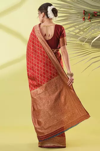 Maroon pure silk woven zari work saree with blouse