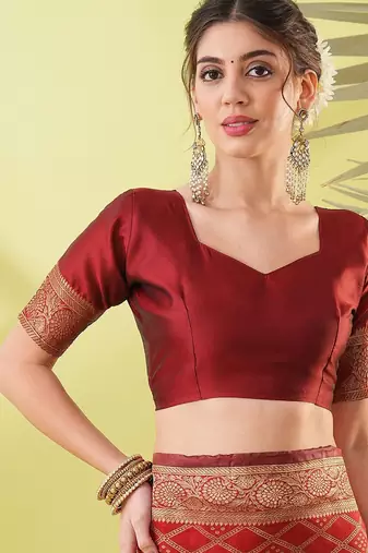 Maroon pure silk woven zari work saree with blouse