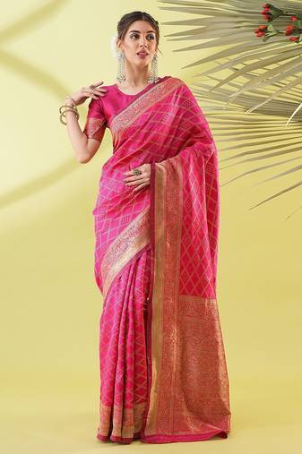Pink pure silk woven zari work saree with blouse