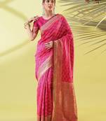Pink pure silk woven zari work saree with blouse