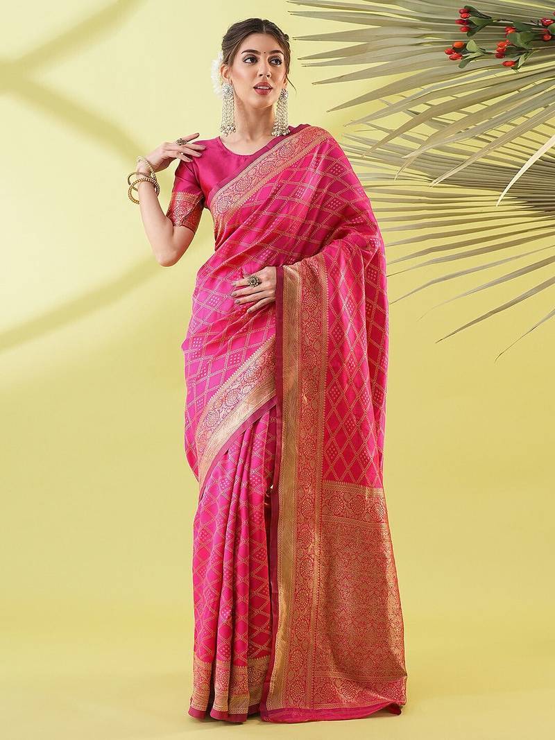 Pink pure silk woven zari work saree with blouse
