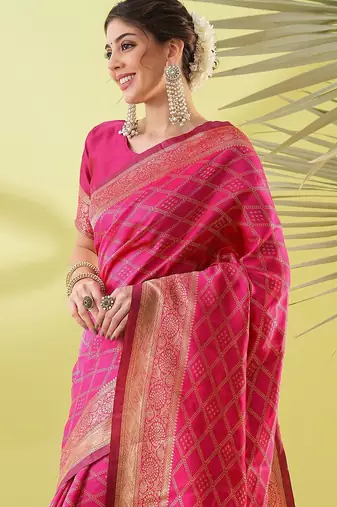 Pink pure silk woven zari work saree with blouse