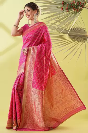 Pink pure silk woven zari work saree with blouse