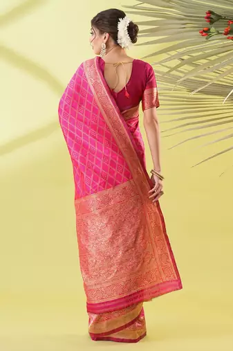 Pink pure silk woven zari work saree with blouse