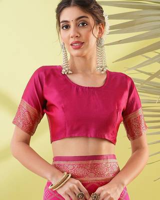 Pink pure silk woven zari work saree with blouse 5