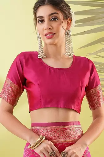 Pink pure silk woven zari work saree with blouse