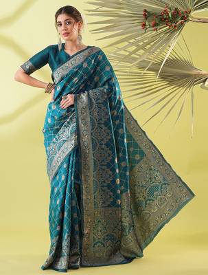 Light blue pure silk woven zari work saree with blouse 1