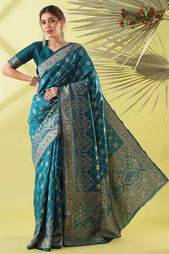 Light blue pure silk woven zari work saree with blouse
