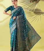 Light blue pure silk woven zari work saree with blouse
