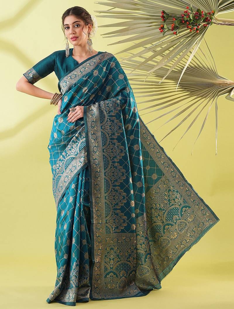 Light blue pure silk woven zari work saree with blouse