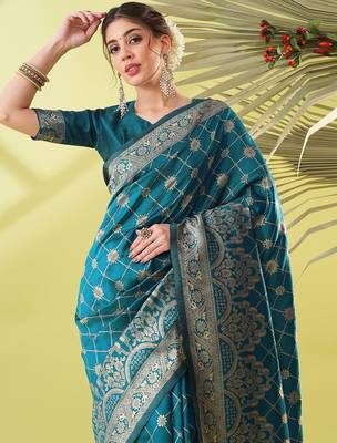 Light blue pure silk woven zari work saree with blouse 2