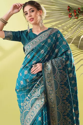 Light blue pure silk woven zari work saree with blouse