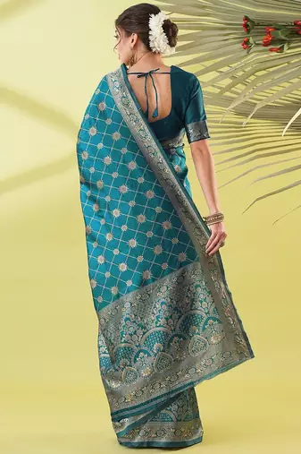 Light blue pure silk woven zari work saree with blouse