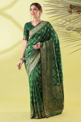 Green pure silk woven zari work saree with blouse