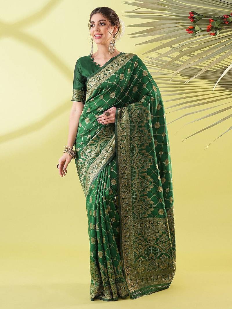 Green pure silk woven zari work saree with blouse