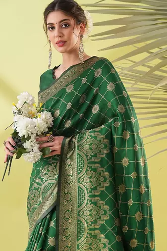 Green pure silk woven zari work saree with blouse