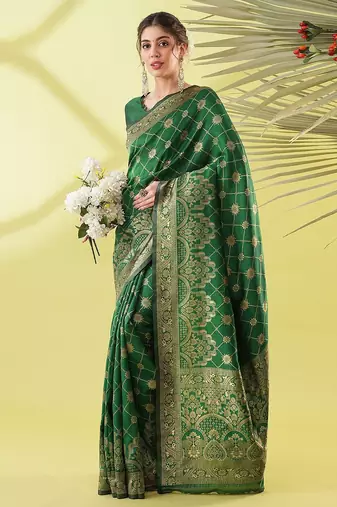 Green pure silk woven zari work saree with blouse