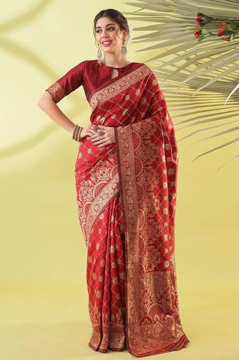 Maroon pure silk woven zari work saree with blouse