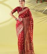 Maroon pure silk woven zari work saree with blouse