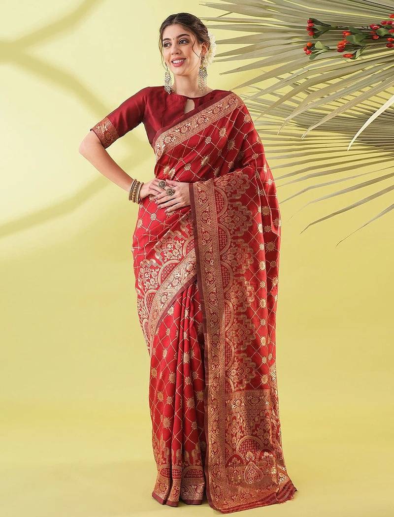 Maroon pure silk woven zari work saree with blouse
