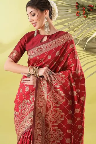 Maroon pure silk woven zari work saree with blouse