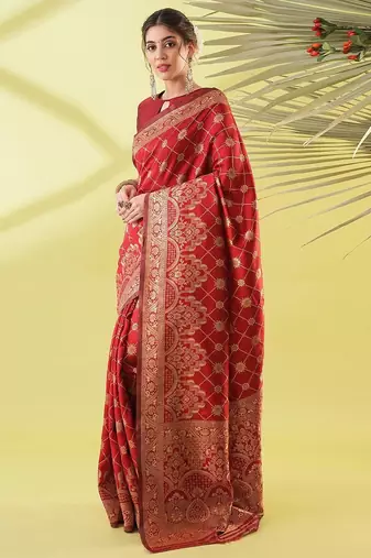 Maroon pure silk woven zari work saree with blouse