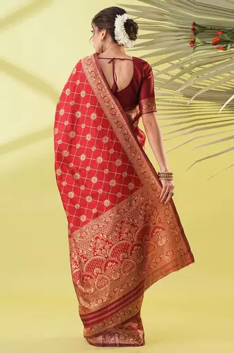 Maroon pure silk woven zari work saree with blouse