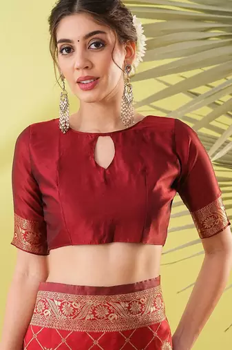 Maroon pure silk woven zari work saree with blouse