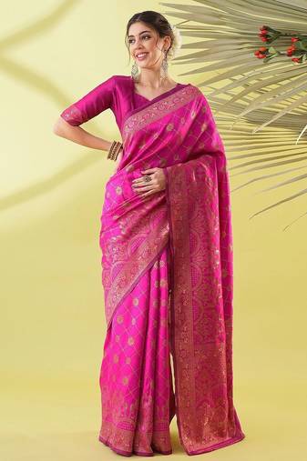 Pink pure silk woven zari work saree with blouse