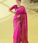Pink pure silk woven zari work saree with blouse
