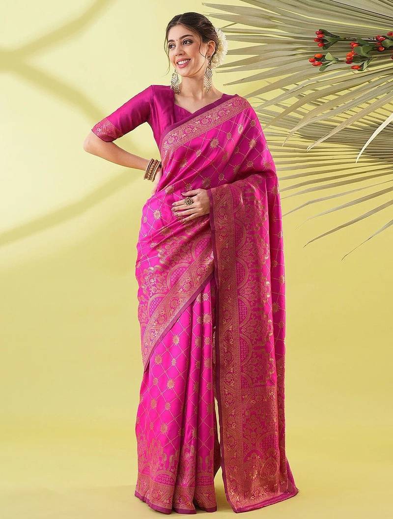 Pink pure silk woven zari work saree with blouse